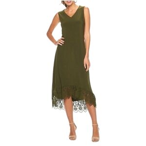 Nina‎ Leonard v neck Crochet-Hem Midi dress dark olive green women's Small